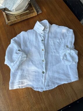 White Cropped Linen Button-Down Shirt